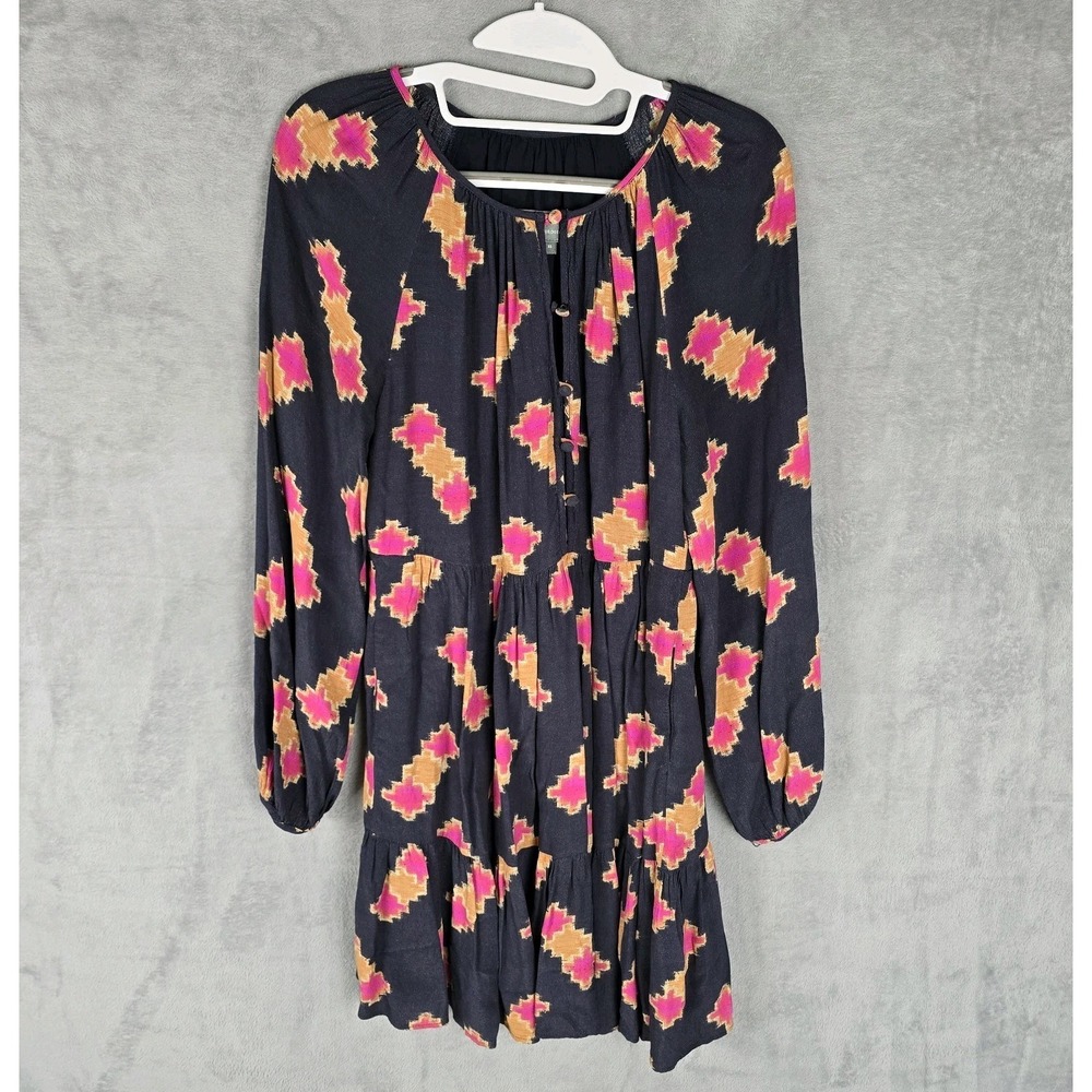 Anthropologie Ikat Geometric Babydoll Mini Dress Navy Pink Orange XS Long Sleeve